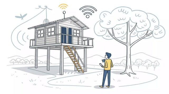 Animated Stick Figure Man Controls Smart Tree House with Smartphone