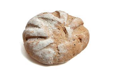 Freshly baked round artisan bread loaf with a golden-brown crust, deep scoring, and a dusting of flour. Traditional handcrafted texture, isolated on white background