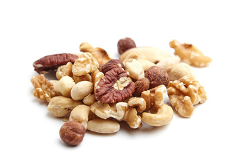 A variety of mixed nuts, including pecans, walnuts, cashews, hazelnuts, and almonds, arranged on a white background, showcasing textures and natural colors