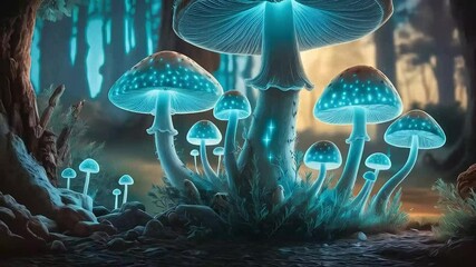 A magical forest at night, illuminated by the enchanting glow of vibrant, bioluminescent mushrooms creating a fantasy landscape - Powered by Adobe