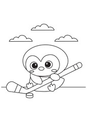 Coloring book penguin playing ice hockey with a stick and puck, under cute fluffy clouds.