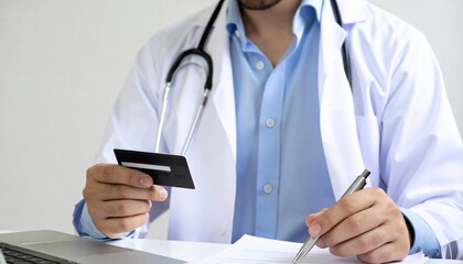 A Close-up of a doctor making online medical payment with credit card. Health insurance, hospital billing, and digital finance in healthcare industry. Business concept.