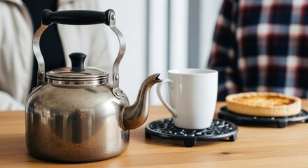 A stainless steel kettle and a white mug sitting on a wooden table with a pie in the background