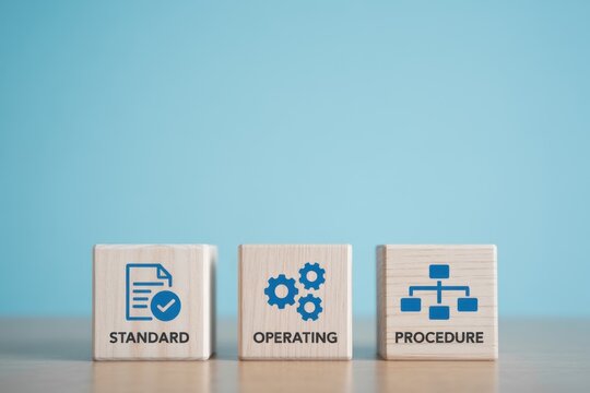 Three wooden blocks displaying standard operating procedure.