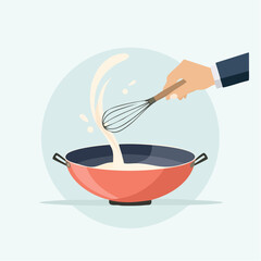 Flat Design Illustration of Hand Stirring Food in Hot Red Pot with Whisk


