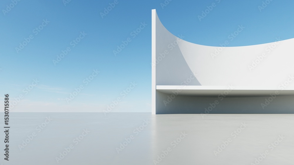 Poster Abstract white curved architecture background, Empty wavy space with reflected concrete floor, Futuristic modern interior backdrop, 3d rendering of twisted building