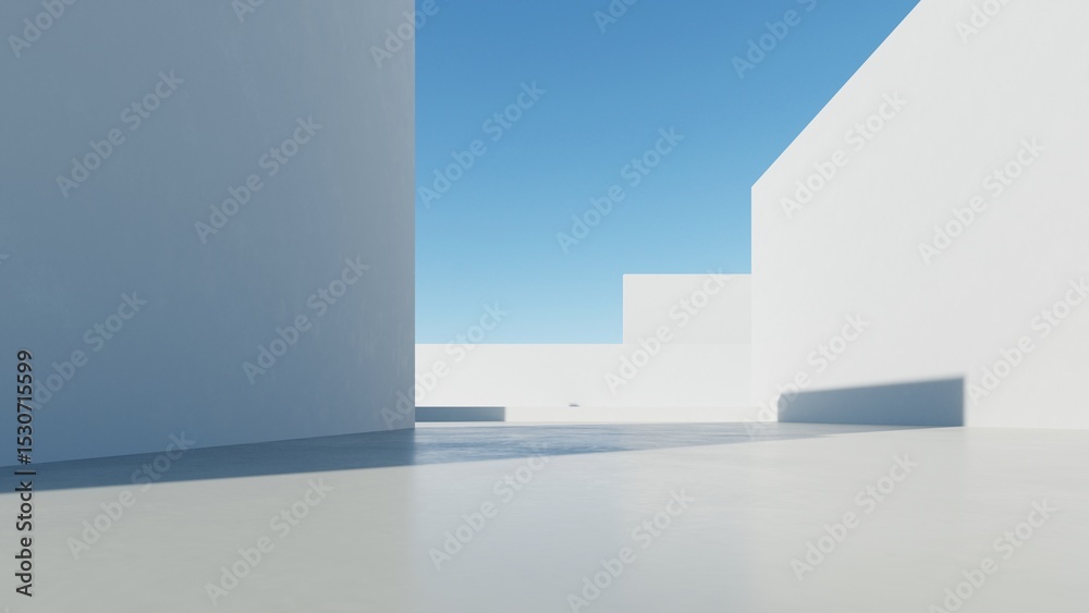Poster 3d illustration of abstract modern architecture background, Minimal geometry architectural design, Car presentation backdrop with empty concrete floor, Geometric white blocks building design