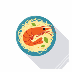 Cartoon Illustration of Fried Rice with Shrimp, Herbs, and Crispy Garnish in Blue Bowl

