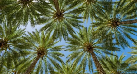 A low angle shot of several palm trees with green fronds against a bright blue sky on a sunny day