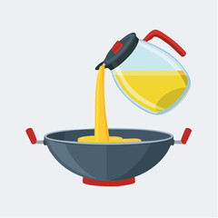Cooking Oil Being Poured into Red Frying Pan from Glass Jug Illustration


