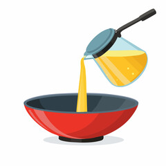 Cooking Oil Being Poured into Red Frying Pan from Glass Jug Illustration


