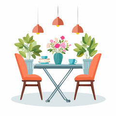 A stylized illustration of a dining table set with flowers, plants, and chairs.