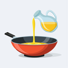 Cooking Oil Being Poured into Red Frying Pan from Glass Jug Illustration

