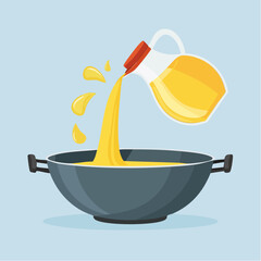 Cooking Oil Being Poured into Red Frying Pan from Glass Jug Illustration

