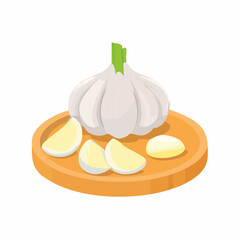 Garlic Bulb with Sliced and Whole Cloves on Cutting Board Illustration

