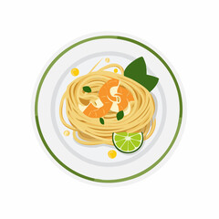 Flat Lay Illustration of Spaghetti with Lemon and Herbs on Dark Plate

