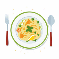 Flat Lay Illustration of Spaghetti with Lemon and Herbs on Dark Plate

