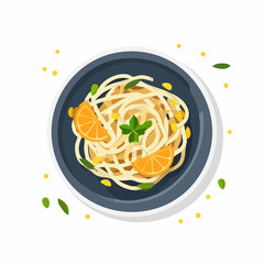 Flat Lay Illustration of Spaghetti with Lemon and Herbs on Dark Plate

