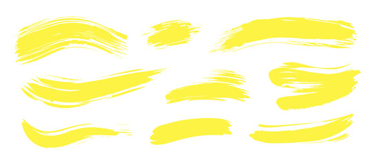 Obraz premium Yellow brush paint strokes, grunge ink splashes, abstract watercolor shapes, acrylic swirl set, banner template, doodle strip highlights, vector illustration, artistic background.