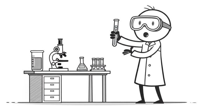 Animated Stick Figure Scientist in Black and White Lab Setting