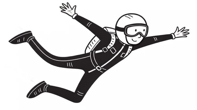 Animated Stick Figure Skydiving: Black and White Illustration