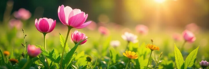 Obraz premium Close-up of vibrant spring wildflowers blooming in a lush meadow, bathed in soft sunlight; delicate petals and fresh green leaves showcase the beauty of natural springtime , plants, serenity