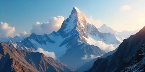 Conqueror of peaks, a majestic mountain summit piercing a breathtaking sky Sharp rocks, rugged terrain, and a sense of awe-inspiring adventure await , rugged, stone, mountaineering