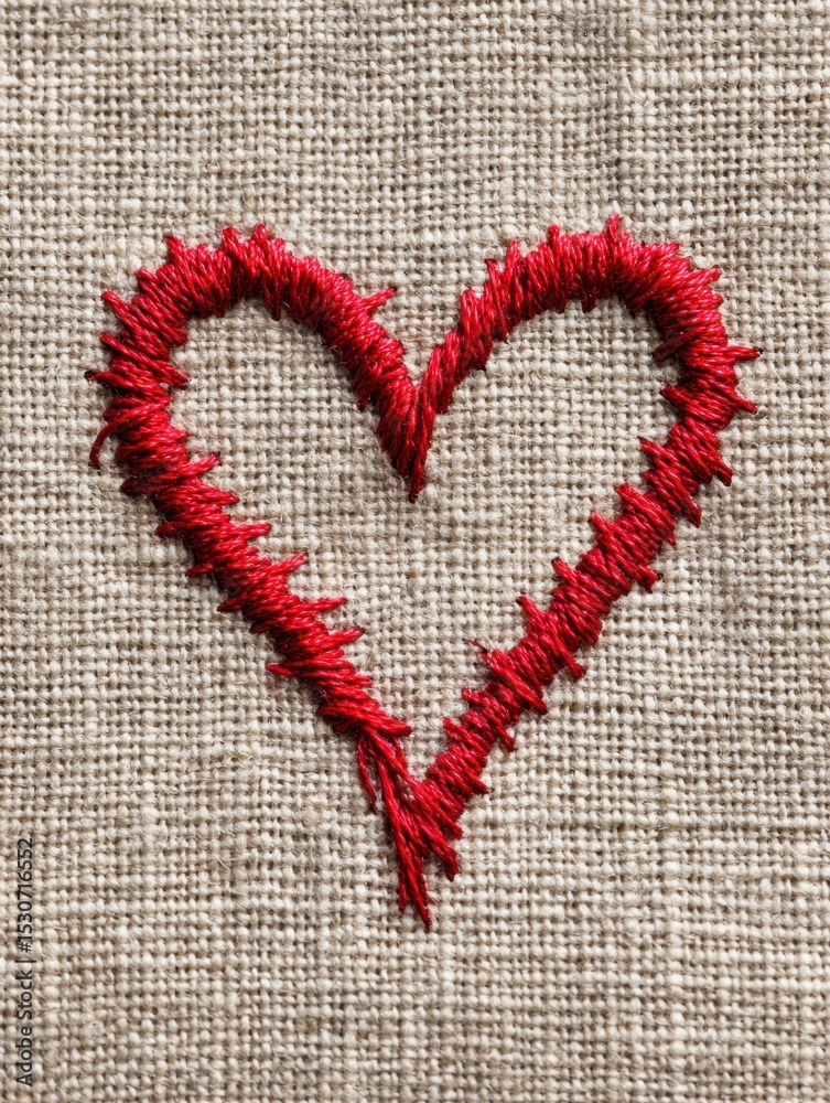 Aufkleber Red Thread Stitched Into Heart Shape on a Textured Linen Fabric Surface With Ample Blank Space Above for Creative Design