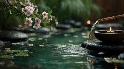A calm garden features a gently flowing stream, delicate flowers, and a floating candle on a stone in soft afternoon light