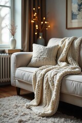 Cozy winter scene featuring a plush couch draped with a thick knit throw blanket, perfect for a relaxing afternoon indoors Warm, inviting, and comfortable atmosphere , interior design, textile, log