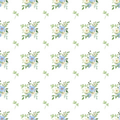 Seamless floral pattern minimalist repeating background with watercolor flower and leaf bouquets. Fabric wallpaper print texture. Perfectly for backdrop, wrapped paper.