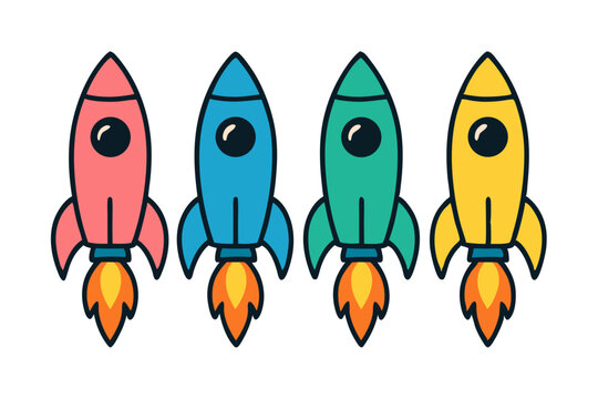 Conjunto de cohetes vectoriales &mdash; cohete rosa, azul, verde y amarillo en fondo transparente para dise&ntilde;o

