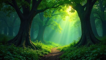 Deep, sun-dappled forest scene with lush green foliage, ancient trees, and a mystical atmosphere Perfect for fantasy, nature, or environmental themes , leaves, plant, atmosphere