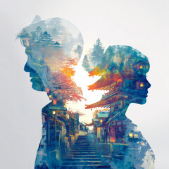 two holiday makers, man & woman, profiles and asia inspired destination colourful sketches; concept of summer travel to asia