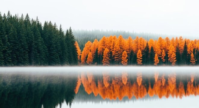 A serene lake reflects autumn trees and evergreen forest under a misty sky creating a peaceful scene