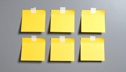 Six yellow post-it notes attached to a grey surface