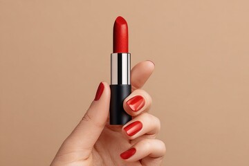 A hand displays a bold red lipstick against a smooth, neutral backdrop, highlighting the allure of cosmetic beauty