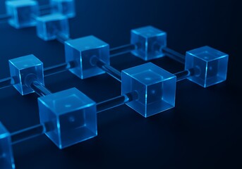 Obraz premium Illuminated Blue Cubes Connected by Transparent Tubes on Dark Surface