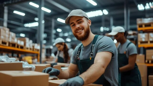 Smiling warehouse worker in uniform and cap packing cardboard box with gloves on in busy warehouse with coworkers working in background