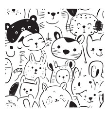Cute Hand-Drawn Animal Faces - Doodle Style Vector 