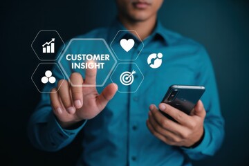 A person interacts with a customer insight interface on a touch screen.