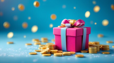 A pink gift box with gold coins and a blue background signifying wealth and celebration, jpg.