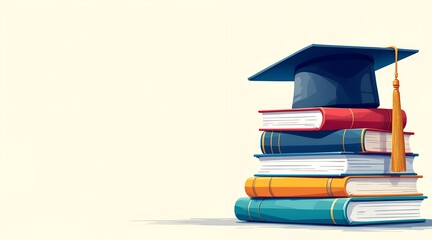 A vibrant illustration of books stacked with a graduation cap representing the pursuit of academic excellence, jpg.