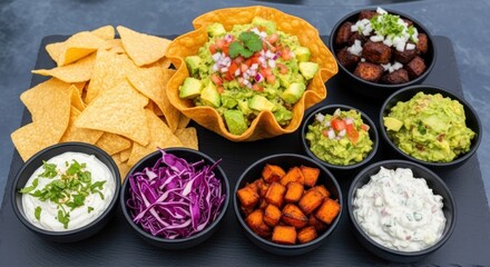 An overhead shot of a platter with tortilla chips, guacamole, and various toppings in small bowls