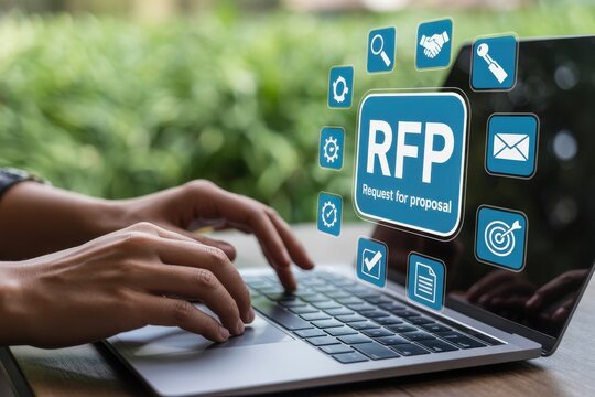 Hands typing on a laptop with an rfp interface.