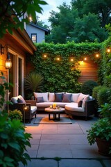 Fototapeta premium Serene garden patio scene featuring lush greenery, comfortable seating, and ambient lighting Perfect for relaxation and outdoor entertaining , plants, home, cozy
