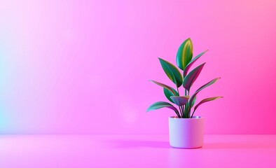 Vibrant pink studio shot minimalist plant potted green leaf