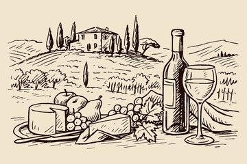 Wine cheese and fruits with vineyard landscape sketch vector illustration