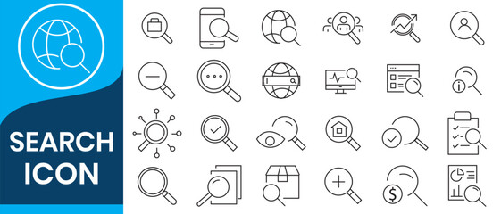 Search set of web icons in line style. Magnifying glass linear icon collection. Containing SEO, Digital marketing, data analysis, management, investigate, find and more.