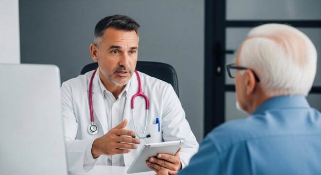A doctor explaining something to an elderly patient while holding a tablet in a medical office room